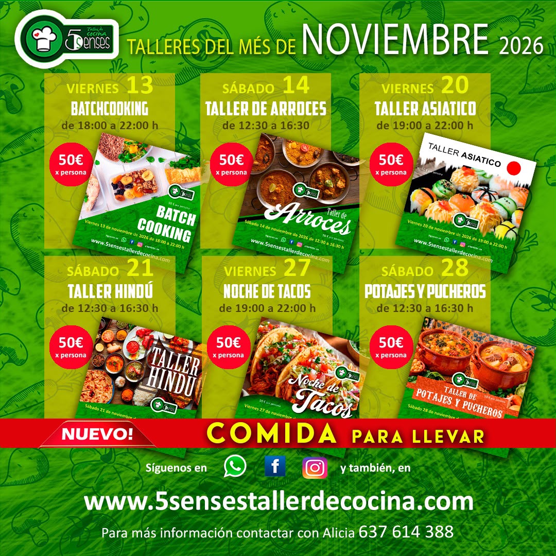 Cartel de los talleres de noviembre 2026 de 5 Senses: batchcooking, arroces, asiático, hindú, noche de tacos y potajes y pucheros, 50 € por persona